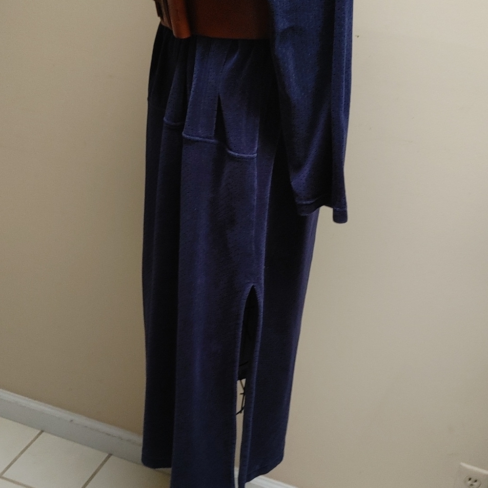 Blue Embossed Velvet Long Sleeve Maxi Dress Muffler Pocket M - Picture 12 of 12